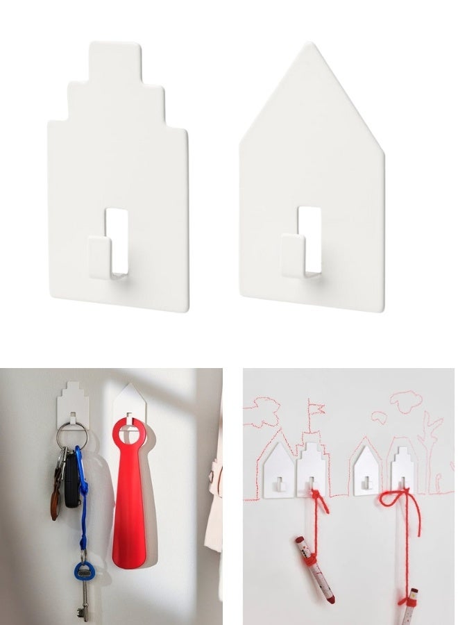 أيكيا عبوة من قطعتين خطافات لاصقة على شكل منزل لتعليق المناشف، أدوات المطبخ، المفاتيح، الحقائب، والاكسسوارات الخفيفة، سهلة التركيب بدون حفر، يمكن تخصيصها للكتابة أو الزخرفة، مناسبة لتنظيم الحمام والمطبخ والمنزل، مصنوعة من فولاذ متين مع طلاء بودري، لاصقة قوية -أبيض - Image 1